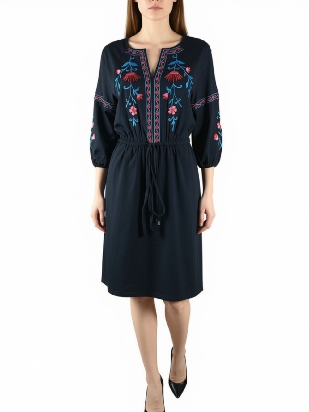 eShakti Cotton Embroidered Drawstring Waist Dress Size 4